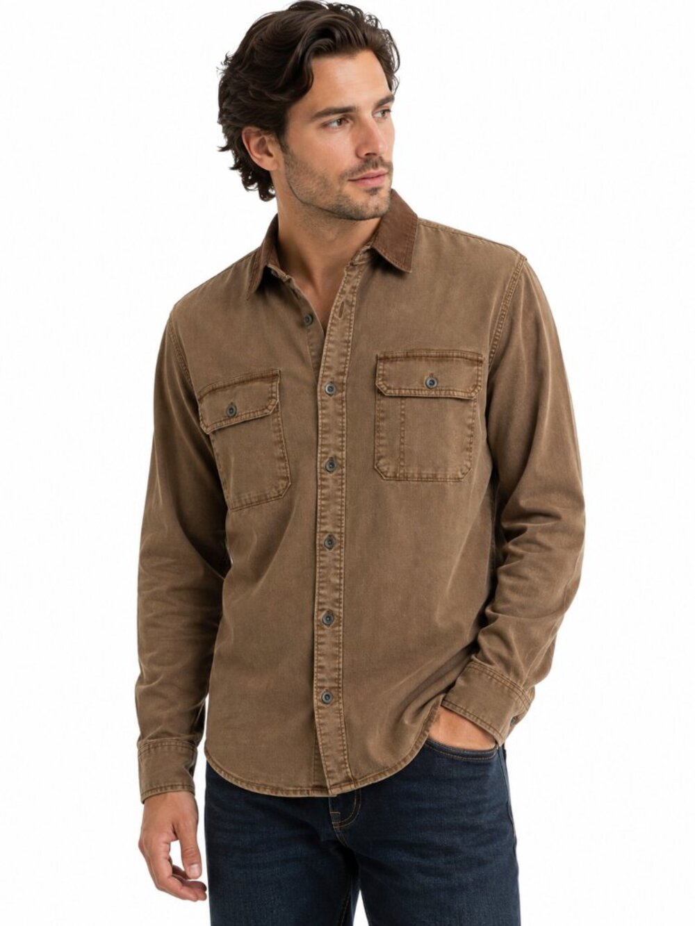 Lucky Brand Men’s S Coffee Brown Washed Workwear Corduroy Collar Shirt NWT